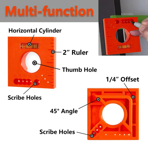 Two Pack Offset Ruler With Level 5 In 1 Multifunction Marking Tool showing orange ABS ruler with scribe holes and 45° angle.