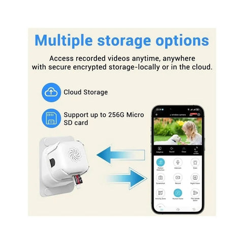 Hella Crisp 2K Cube Security Camera With Window Lens And Dual Band WiFi Live View AI Human Detection Full Color Night Vision Two Way Chat Built In Siren And 24 7 Loop Recording For Total Home Safe Vibes showing cloud and Micro SD storage options.