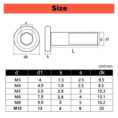 Dead Serious Hold M3 M4 M5 Binding Screws And Hex Head Barrel Nuts With Socket Cap Fastener Bolts Made From Kickbutt 304 Stainless Steel size chart, dimensions in mm.