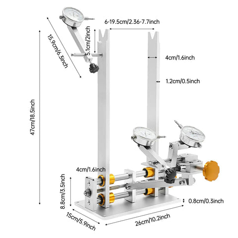 Beast Wheel Truing Stand for 10 to 29 Inch Bike Wheels With 3 Precision Gauges, adjustable width and detailed dimensions.