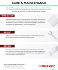 Care and maintenance guide for organization products from Rev-A-Shelf, detailing cleaning, adjustment, and greasing.