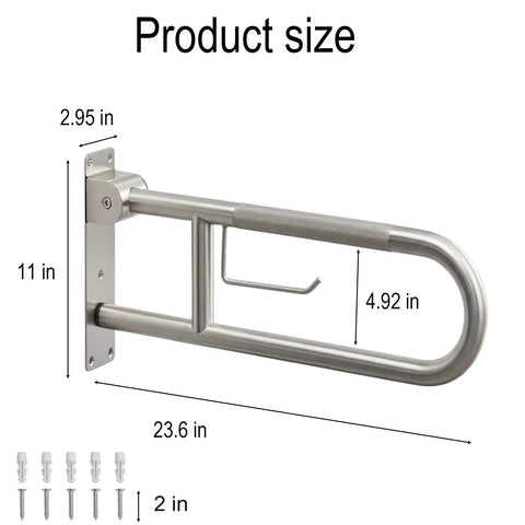 Super Sturdy Flip Up Toilet Grab Bar With Integrated Paper Holder Heavy Duty Stainless Steel Bathroom Safety Rail dimensions 23.6in x 11in.