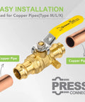 5 Pack 1/2 Inch Press X Press Copper Propress Ball Valves With Drain shown with copper pipes, yellow handle, lead-free brass