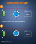 Diagram showing connection methods for 12mm Push Button Switch Kit 5 Pack With Pre Wired Harness LED Latching Round SPDT 4 Pin Waterproof.