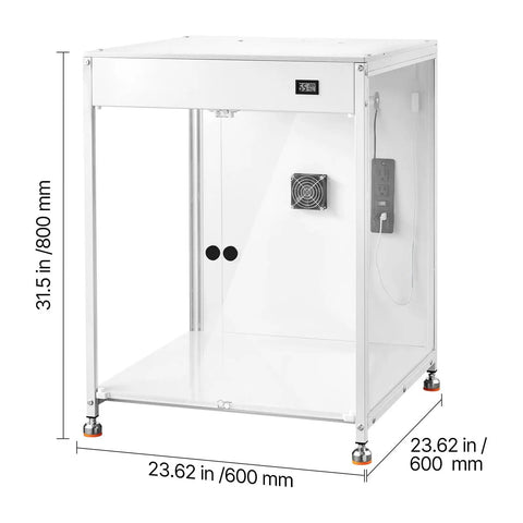 Badass Enclosed 3D Printer Tent With Hella Steady Chamber Heating And Smart Dual Pass Ventilation featuring clear acrylic panels and fan.