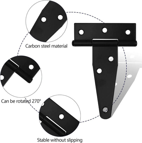 Black carbon steel 3-inch hinge from Sliding Barn Door Lock And Latch Set with details on rotation and stability for gates and doors.