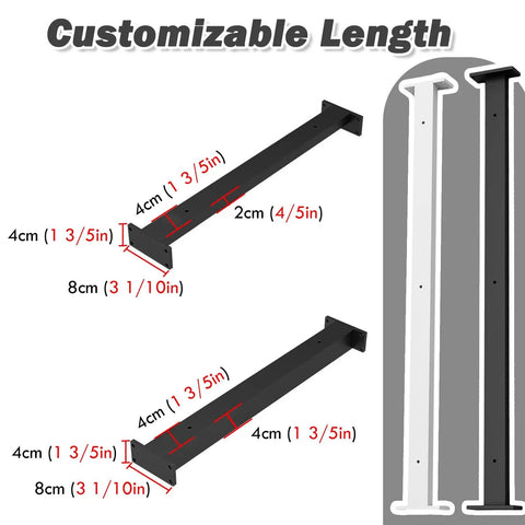Heavy Duty Universal Shelf Brackets With Adjustable Support Poles For Countertops Quick Install Anti Shake System Reinforces Cabinets Built Like A Tank Finish For Kitchen Closet Living Room Straight Up Reliable Fix 5 Point 4 Feet 10 Pack customizable shelf bracket lengths shown in black and white, with measurements indicated.