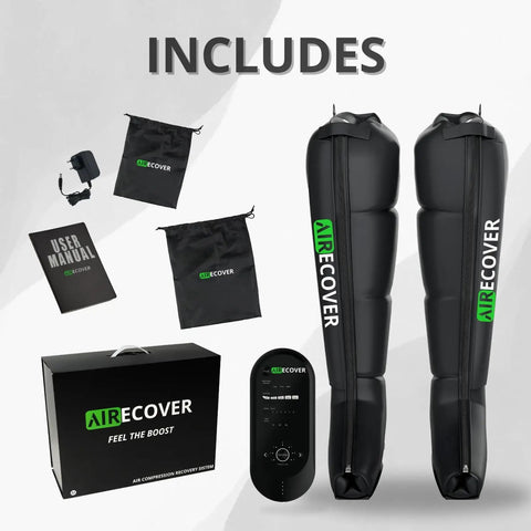 Professional Cordless Leg Compression Massager Hits The Reset Button On Post Workout Aches And Boosts Blood Flow With Quiet Rechargeable Air Boots To Get Those Fresh Legs Vibes Going Anywhere, shown with accessories.