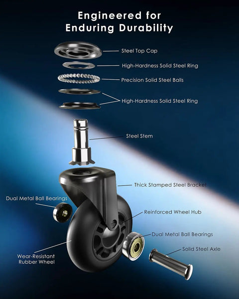 Heavy Duty Office Chair Wheels Set Of Five Black Roller Blades Three Inch Wide construction details showing dual metal ball bearings and steel stem.