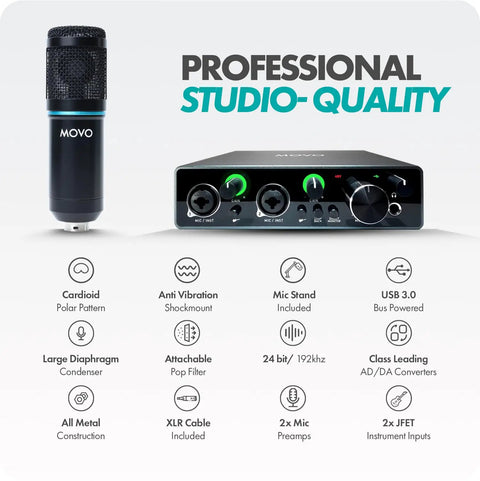 Universal Cardioid Condenser Microphone Packed With MDX-1 2x2 Audio Interface Featuring Quality Studio Headphones And Tabletop Mic Stand