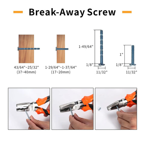Diagram and demonstration of break-away screw for 30 Pack 5 Inch Matte Black Cabinet Handles For Kitchen Cabinets And Cupboards Durable Black Cabinet Pulls For Drawers And Doors Easy Install Modern Look With Smooth Finish Great Value
