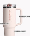 Solid Double Wall Vacuum Insulated Flip Straw Travel Tumbler With Secure Leakproof Lid Keeps Drinks Ice Cold All Day Long Rose Quartz Thirty Ounce Portable Cup For Gym Hiking And Daily Grind with comfort grip handle and flip lid.