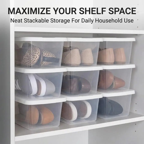 10 Pack Heavy Duty Six Quart Clear Plastic Stackable Storage Bins Featuring Slick Snap On Lids holding various shoes on a shelf.