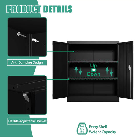 Heavy Duty Two Door Steel Locking Storage Cabinet With Adjustable Shelves Secure Garage Cupboard showcasing anti-dumping design and adjustable shelves.