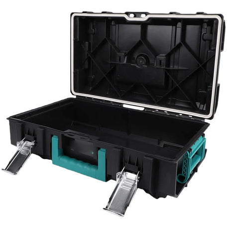Heavy Duty Stackable Toolbox With Metal Clip And Easy Grip Top Handle For Modular Workshop Rig and Clutter Free Job Site Storage And Professional Grade Tool Case Built For Daily Grind Hustle, opened with interior storage.