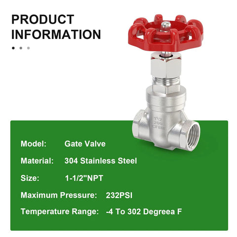 1-1/2 Inch NPT Female Gate Valve In 304 Stainless Steel With Wheel Handle Rotary Sluice Valve Full Bore For Water Oil Gas
