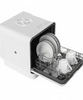 Portable Automatic Countertop Dishwasher Boasting 360 Dual Spray Zero Fuss Setup Quick Dry Cycle Double Disinfection Ultra Compact Rental Friendly Kitchen Upgrade For Small Apartments with dishes in basket.
