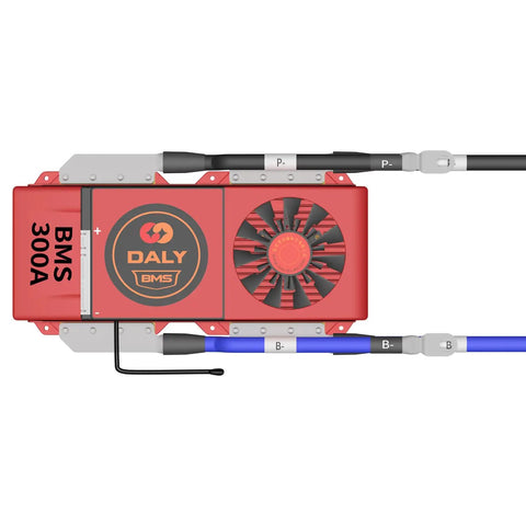 Heavy Duty 72 Volt Lithium Ion Battery Management System Delivers 300 Amp Output and Integrated Cooling Fan top view with cables.