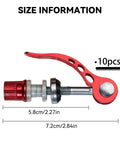 Red Quick Release Bike Seat Post Clamp Set, 10 Pack, showing size information with durable alloy construction and cam lever.