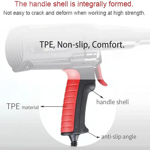 Pro Grade Electric Blind Rivet Gun Featuring A Smooth 27mm Stroke And No Fuss Auto Ejection System For Aluminum Steel Copper Metal Sheets showing TPE handle shell with non-slip grip.