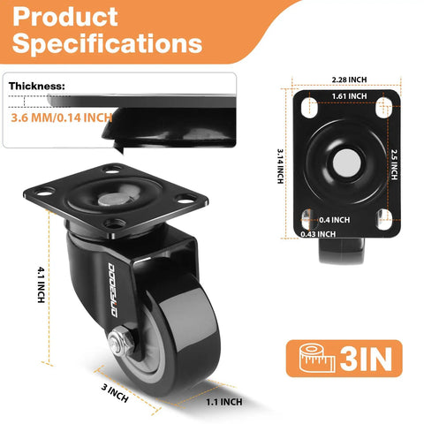 Set Of Four 3 Inch Heavy Duty Rubber Swivel Caster Wheels With Two Parking Brakes And Two Smooth Roll Plates, showing product specifications.