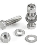 Heavy-Duty 288Pcs Hex Bolts And Nuts Assortment Kit in 304 Stainless Steel with 1/4-20 5/16-18 3/8-16 Sizes Includes Lock Nuts and Washers, showcasing stainless steel bolts and washers.