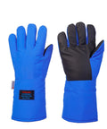 Four Layer Cryogenic Gloves For Liquid Nitrogen Handling And Cold Storage Safety Extreme Low Temperature Protection From Minus 196 To 148 Celsius Black Mid Arm Length Durable Lab Grade Protective Gloves For Ice Bath And Industrial Use shown front and back with black palm detail, blue nylon Taslon outer.