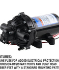Beefy 4.0 GPM 12V Diaphragm Pump With Half Inch NPT Ports, Self Priming Up To Eight Feet, Boxed Unit, features shown