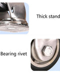 Close-up of Heavy Duty 304 Stainless Steel Flat Plate Casters showing thick stand and bearing rivet details.