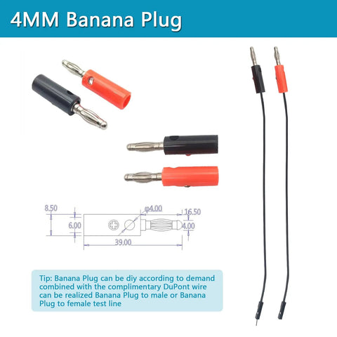 4mm banana plugs and test leads for Breadboard Power Supply Module With 3.3V And 5V Outputs, diagram and components shown
