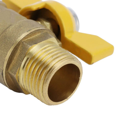 Close-up of Heavy Duty Brass Ball Valve With G1/2 Male Thread showcasing threads and yellow handle for manual gas shutoff.