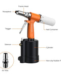 Heavy Duty Pneumatic Rivet Gun Kit With 500 Pop Rivets And Five Swappable Nosepieces Hella Strong close-up of tool components and design.