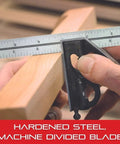 Steel 6 Inch Combo Square With Square Head Cast Iron Bodies Hardened Ruler in use for measuring wooden beam.