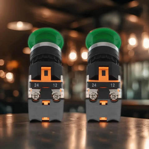 Green Emergency Stop Push Button Switch 22mm Mushroom Head Spring Return 2-Pack for industrial control panel use.