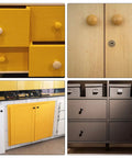 Revamp Your Space With These Awesome 35mm Round Wood Drawer Knobs In A Cool Dark Red Shade shown on yellow drawers and cabinets.