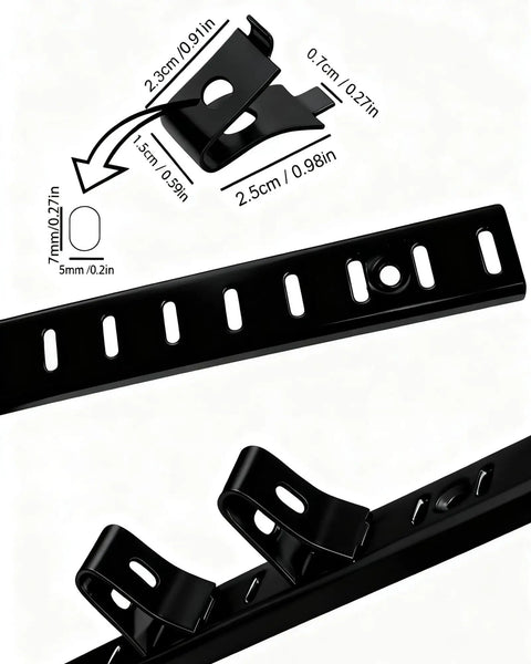 Detailed view of 28 Pack Rock Solid Shelf Clips Adjustable Heavy Duty Steel Brackets, 2.3cm in height, with measurements.