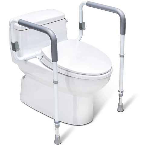 Built Heavy Duty Bathroom Safety Rail For Seniors featuring height adjustable handles, white frame, installed by toilet.