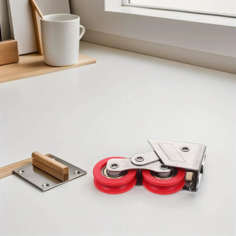 Heavy Duty Double Wheel Sliding Door Rollers And Stainless Steel Window Glide Replacement Pulleys with red wheels on a white surface.
