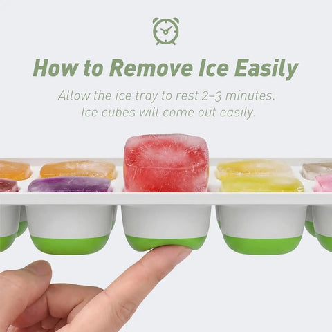 Top-Shelf Silicone Ice Cube Trays 4 Pack With Tight-Fitting Lids Easy-Peel Design showing hand removing an ice cube.