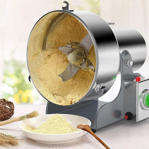 Electric Grain Mill With Stainless Steel Grinder, Heavy Duty Grain Crusher filled with grain powder, showing blade
