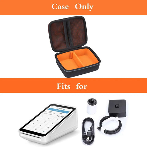 Kickass Drop Guard EVA Hardshell Case For Square Terminal Credit Card Reader With Lockdown Inner Cradle And Heavy Duty Travel Organizer Pouch And Quick Grab Access, open view with orange interior.