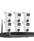 Top Shelf 6MP Dual Lens WiFi CCTV NVR Surveillance Camera Kit With Hella Sharp 3K Resolution, six white cameras with a black recorder.