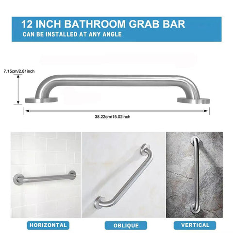 Solid As A Rock Stainless Steel Bathroom Safety Grab Bar With Slick Proof Grip Heavy Duty Support For Showers Tubs And Toilets Handles Over Five Hundred Pounds Two Piece Set 12 inch grab bar shown in horizontal, oblique, and vertical installation options.