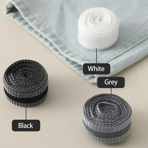 Iron On Hem Tape 5m Roll For Jeans And Heavy Fabric No Sweat Fix Quick Pants Mending Adhesive Strip Tailor Free Clothing Repair Tape available in black, grey, and white rolls.