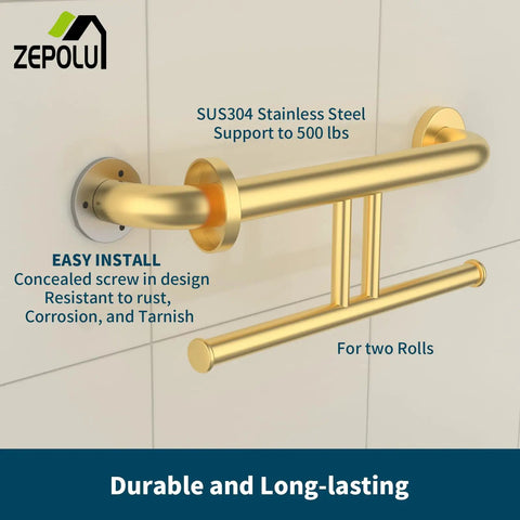 Heavy Duty Brushed Gold Handicap Grab Bar With Integrated Toilet Paper Roll Holder And 304 Stainless Steel Build Offer Kick Ass Grip And Drip Worthy Wall Mounted Bath Safety Rail For Real Ones Who Want Solid Support, showing wall-mounted TP holder.