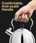 Close-up of Stovetop Whistling Tea Kettle, 2 Quart Stainless Steel Pot with easy grip handle being held, focus on anti-scald feature.