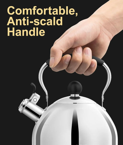 Close-up of Stovetop Whistling Tea Kettle, 2 Quart Stainless Steel Pot with easy grip handle being held, focus on anti-scald feature.