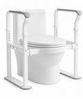 Bombproof Toilet Safety Rails With 500 Lb Capacity For Seniors And Elders, Adjustable Grab Bars beside a toilet for support.