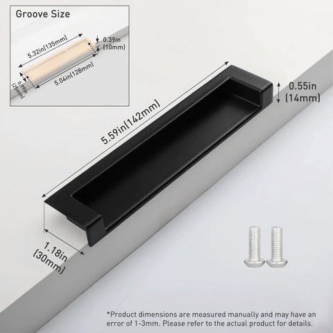Rock Solid Zinc Alloy Recessed Handles For Kitchen Cabinets Set Of Two Black Inset Hidden Flush Drawer Pulls showing dimensions and screws.