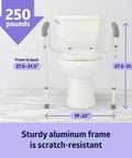 Foldable Bathroom Safety Rail With Adjustable Arms And Universal Seat Fit Rock Solid Aluminum Frame for toilets with dimensions 19-22 in width.